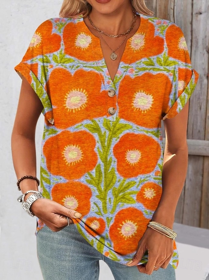 Femmes T-shirt Fleuri Graphique Plantes ancien Élégant Classique Manche Courte Col en V Encolure en V Hauts Réguliers Quotidien Sortir Week-end Imprimé Orange Été Printemps de 2025 ? $24.99 –P1
