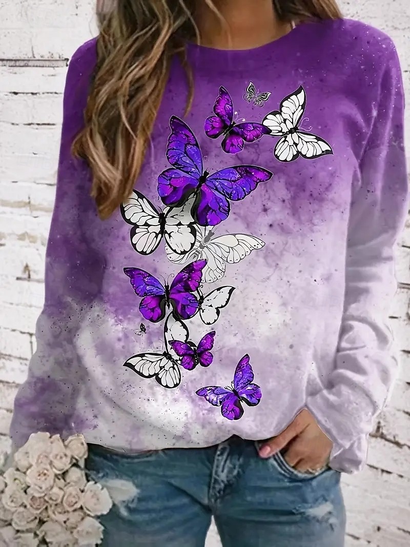 Naisten Puserot Painettu Kuvitettu Perhonen Vapaa-aika Pitkähihainen Tiukka pyöreä kaula-aukko Pyöreä kaula-aukko Tavalliset topit Kausaliteetti Katu Arkikäyttö Purppura Kevät Syksy Talvi 2026 - $27.99 –P1