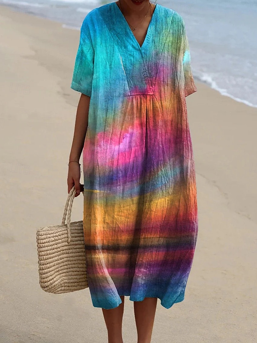 Women's Midi Dress Sundress A Line Dress Vacation Casual Beach Party Going out Beach Loose Fit Ombre Graphic Short Sleeve V Neck Pink Summer Spring 2025 - $37.99 –P1