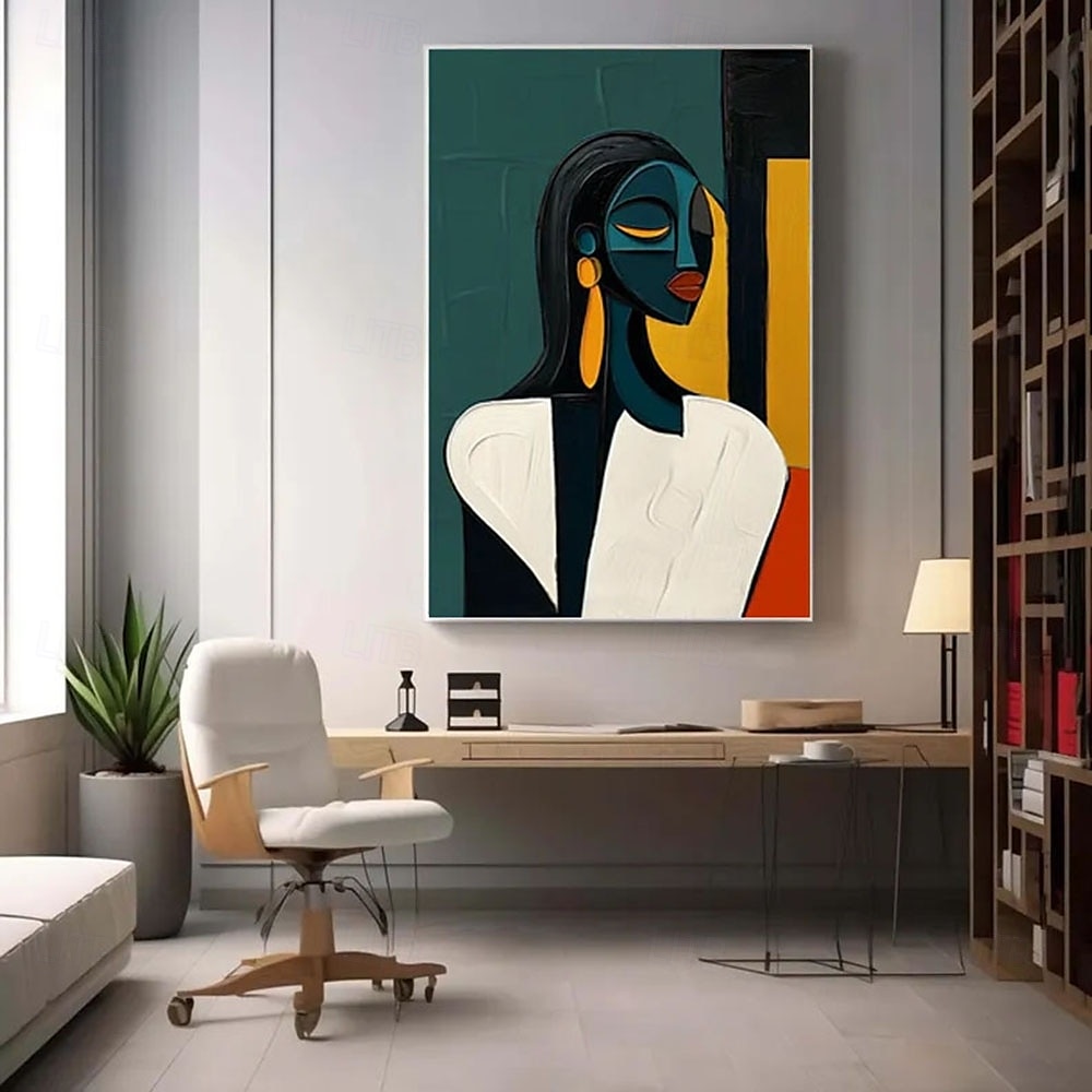 Peinture de portrait abstrait moderne faite à la main peinte à la main avec un contraste chromatique audacieux - peintures à l'huile géométriques figure féminine en or cobalt figure pour peinture de 2025 ? $133.99 –P3