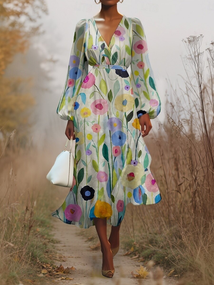 Damen Midikleid Freizeitkleid Chiffon Schwingkleid Modern Urlaub Täglich Wochenende Normale Passform Blumen Langarm V Ausschnitt Hellgrün Marineblau Dunkelgrün Grün Sommer Frühling Herbst 2025 - $31.99 –P11