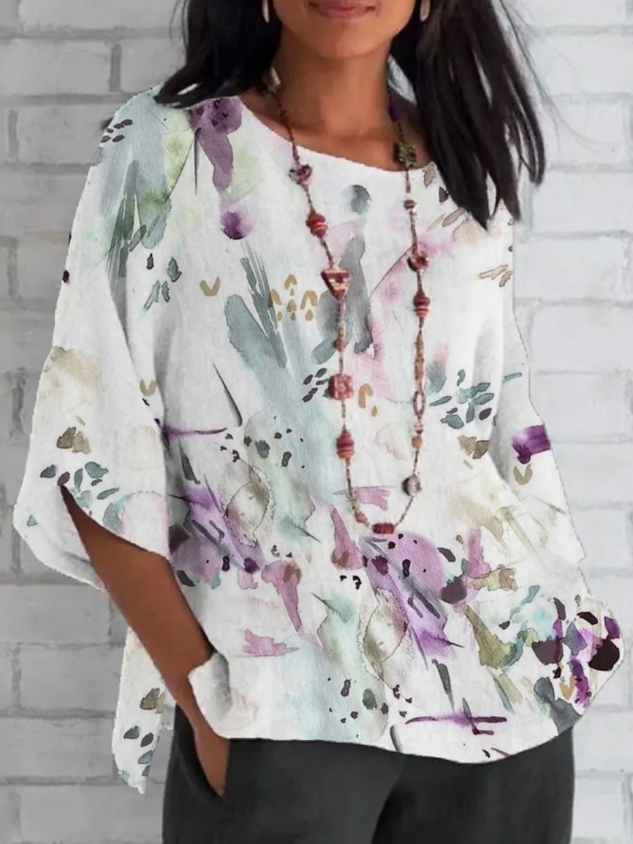 Per donna Camicia Stampato Floreale Quotidiano Casual Manica 3/4 Girocollo Top Regolari Quotidiano Ferie Blu Bianco Verde Estate Primavera Autunno del 2026 a $31.99 –P2