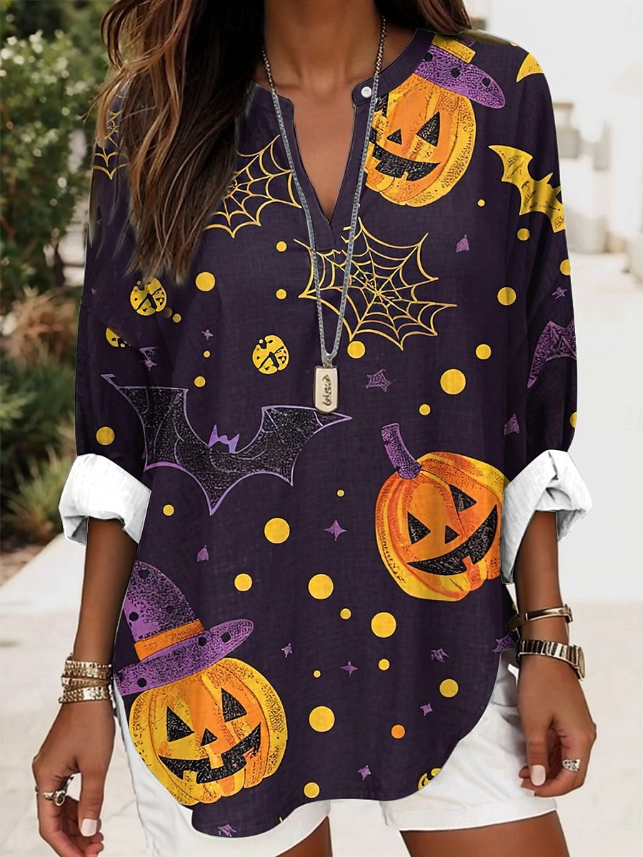 Halloween Femmes Chemisier Graphique ancien Élégant Occasionnel manche longue Col en V Hauts Réguliers Quotidien Fête Imprimé Noir Bleu Bleu Poudré Violet Orange Été Printemps Automne de 2025 ? $24.99 –P2