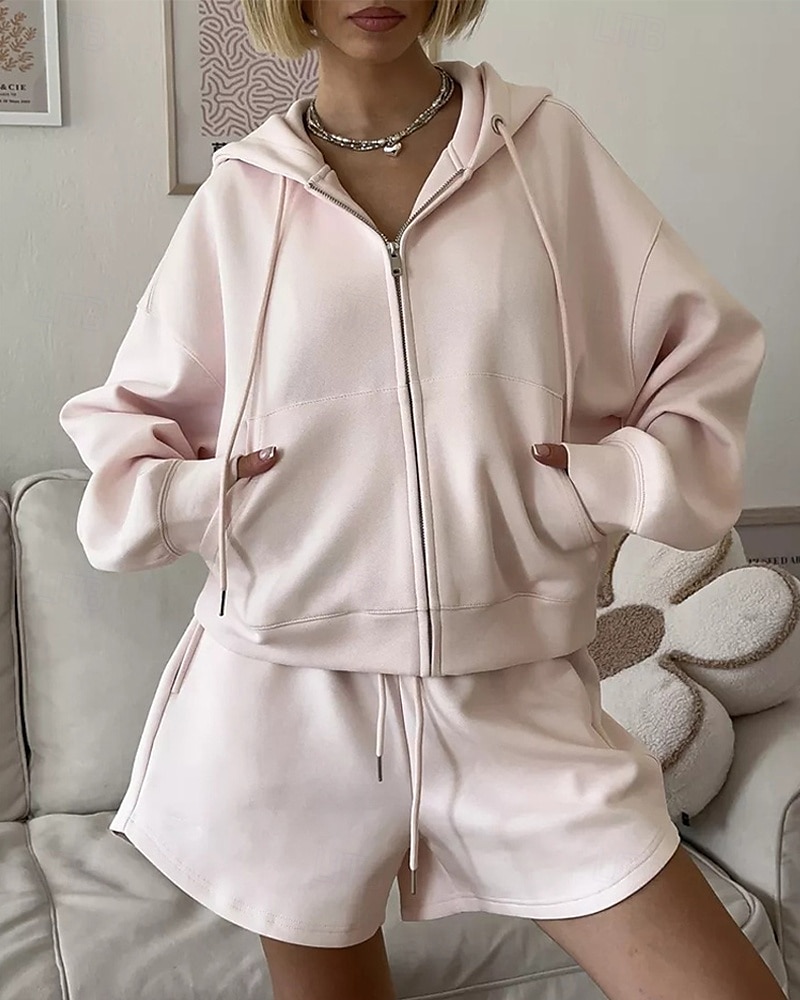 Mulheres Moda Roupa de rua Moletom Conjuntos de shorts Manga Longa Com Capuz Tecido Zíper Roupa Diária Encontro Branco Rosa Azul Verão Normal de 2025 por $27.99 –P4