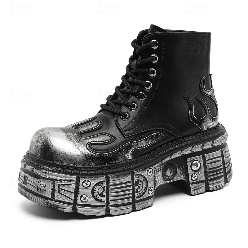 herre gotiske flammende platåstøvler – steampunk ankelstøvletter med grov såle og snøring for punkrockfester og cosplay 2025 - $84.99 –P2