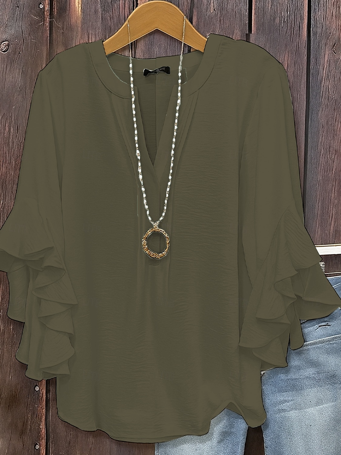 Per donna Blusa Tinta unica Elegante Manica 3/4 Scollo a V Top Regolari Quotidiano Volant Nero Bianco Rosa Verde militare Primavera Autunno del 2025 a $21.99 –P4