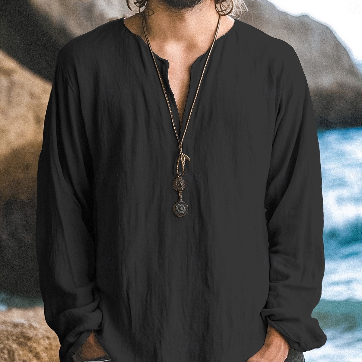 Voor heren Overhemd Linnen overhemd Zomer overhemd Strand hemd Effen Kleur Vakantie Casual Zwart Wit Groen Khaki Lange mouw V-hals Alle seizoenen Kleding Standaard 2026 - $7.99 –P6