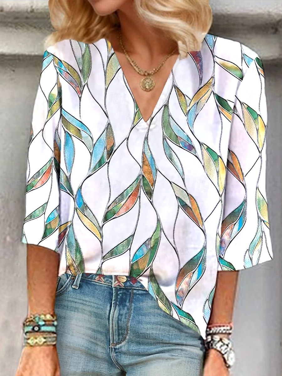 Dame Bluse Grafisk Planter Elegant Stilfull Fritid 3/4 ermer V-hals Vanlige topper Daglig Ut på byen Trykt mønster Lysegrønn Lilla Rose Rosa Sommer Vår Høst 2025 - $25.99 –P1