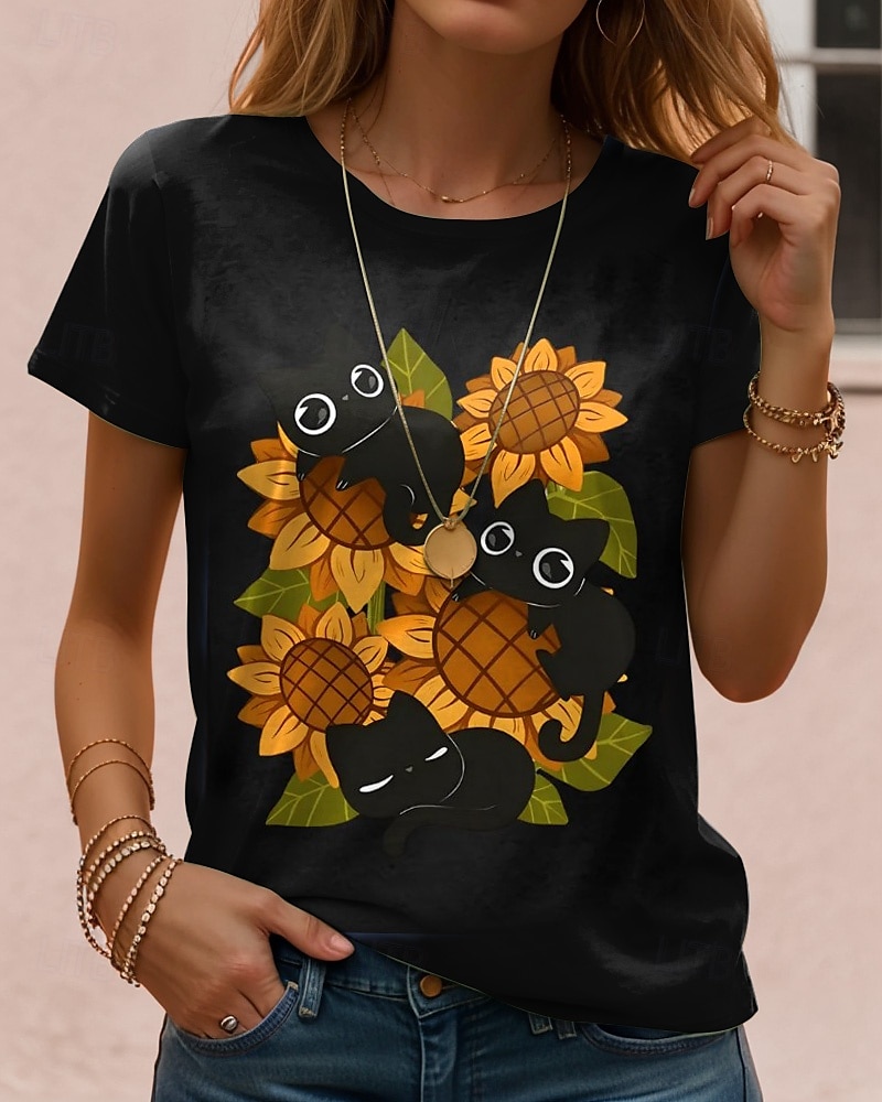 Femmes T-shirt Chemise en coton Graphique Chat ancien Élégant Classique Manche Courte Col ras du cou Col rond Hauts Réguliers Quotidien Imprimé Noir Blanche Bleu Gris Été Printemps de 2025 ? $19.99 –P5