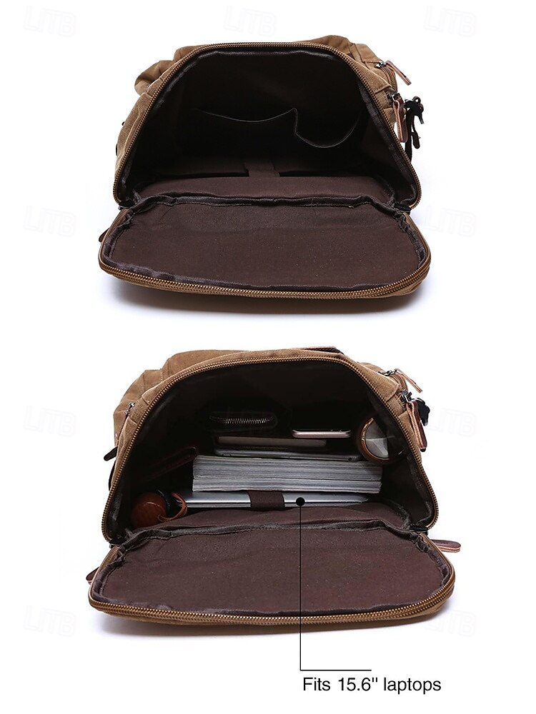 Brauner Canvas-Rucksack für Herren mit Multi-Taschen-Design – Vintage-Reise-Laptoptasche für 15,6-Zoll-Geräte, ideal für Arbeit, Schule, Wandern und Wochenendausflüge 2026 - $54.99 –P7