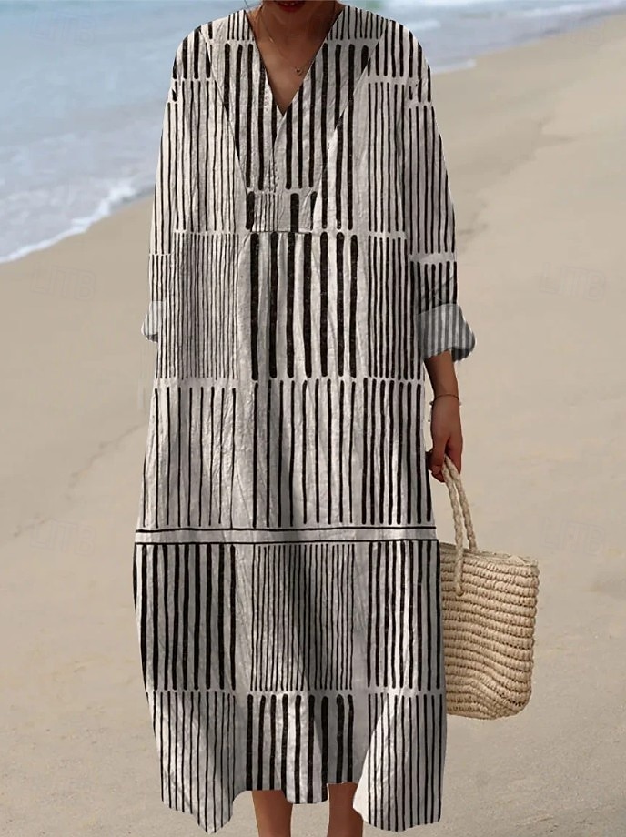 Damskie Sukienka maxi Sukienka letnia Sukienka A line Urlop Codzienny Boho Wyjściowe Plaża Graficzny Geometryczny Naszywka Długi rękaw W serek jesion Czarny Żółty Rumiany róż Lato Wiosna 2025 - $35.99 –P4