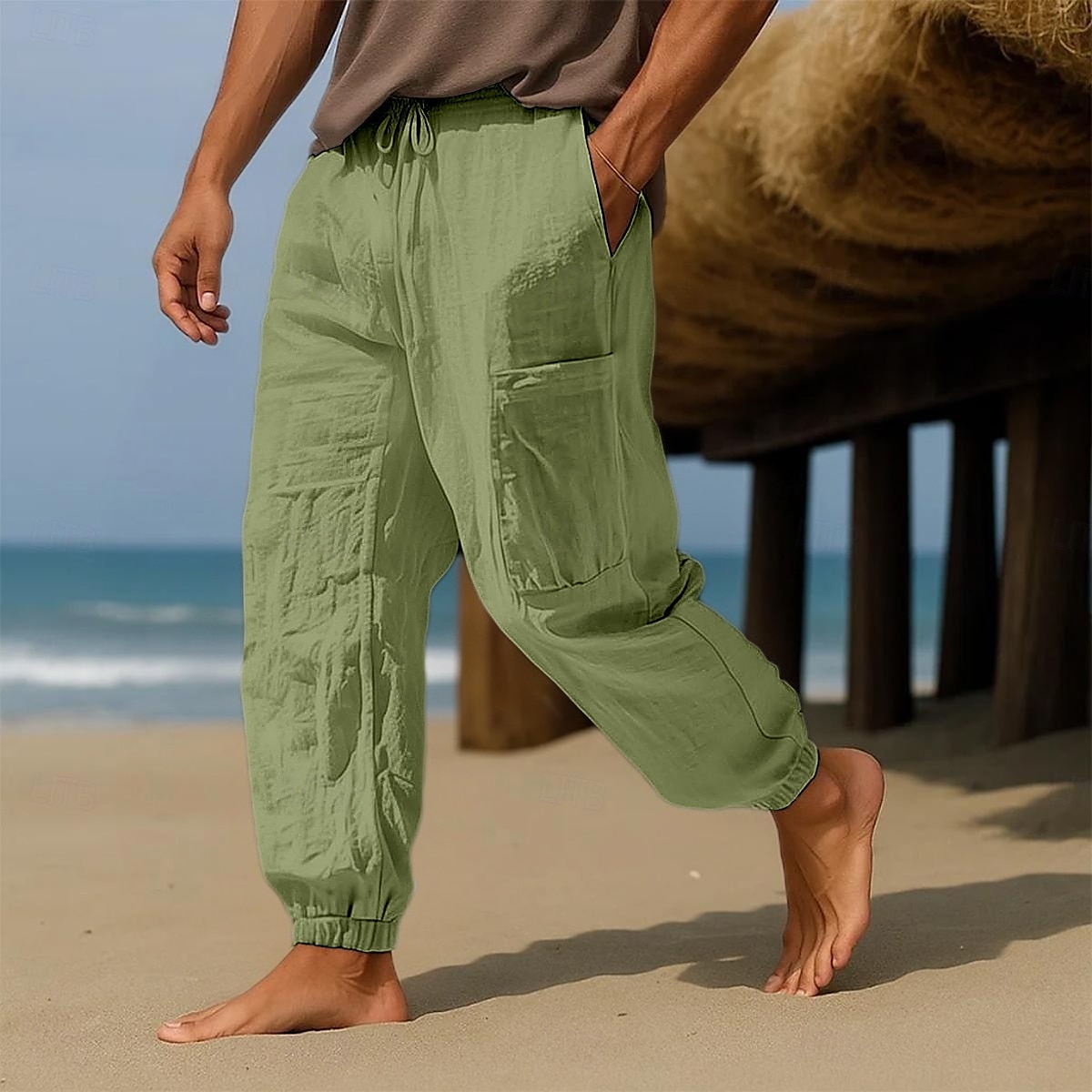 Men's Linen Pants Trousers Summer Pants Baggy Pants Elastic Cuff Solid Color Plain Comfort Breathable Full Length Casual Daily Holiday Vacation Fashion Black White Micro-elastic 2025 - $23.99 –P6