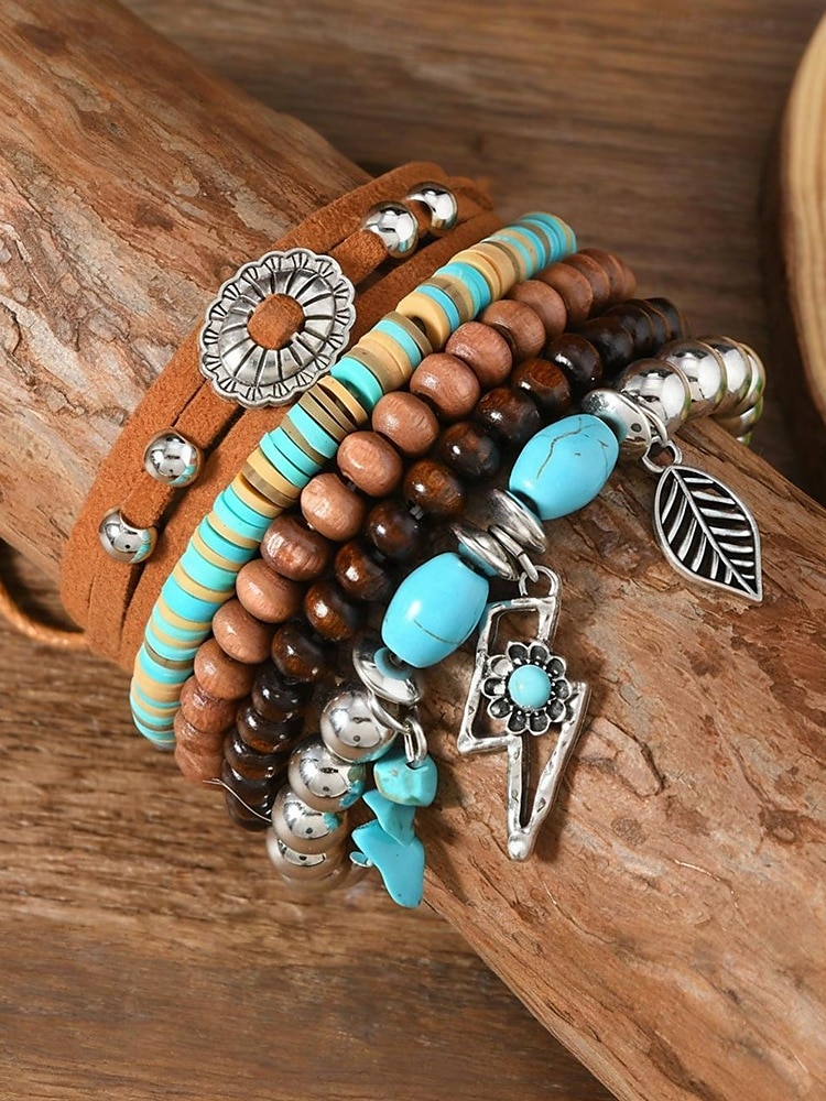 Set di braccialetti con ciondoli a strati con perline boho da donna: bracciali in legno, turchese e pelle scamosciata in stile vintage con ciondoli a forma di foglia e geometrici, ideali per abbigliamento casual, festival e vacanze al mare del 2025 a $9.99 –P5