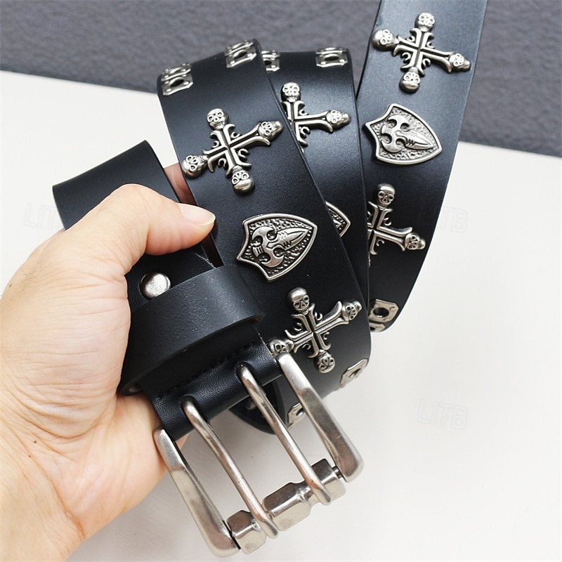 Homme Ceinture Ceinture Taille Noir Derme Alliage Durable Ajustable Uni Croix Crânes Extérieur Quotidien de 2025 ? $42.99 –P5