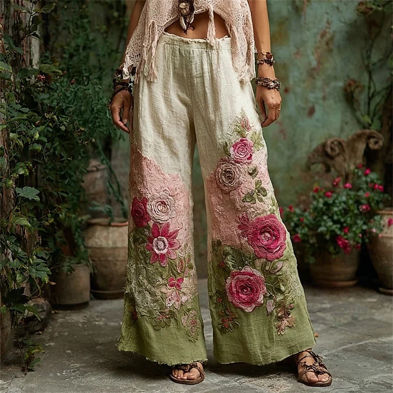Femmes Jambe large Pantalons Pantalon palazzo ancien Boho Longueur complète Taille haute Fleur Taille Élastique Impression Respirabilité Confortable Rue Tenue quotidienne Sortir Vert Printemps Automne de 2026 ? $24.99 –P1