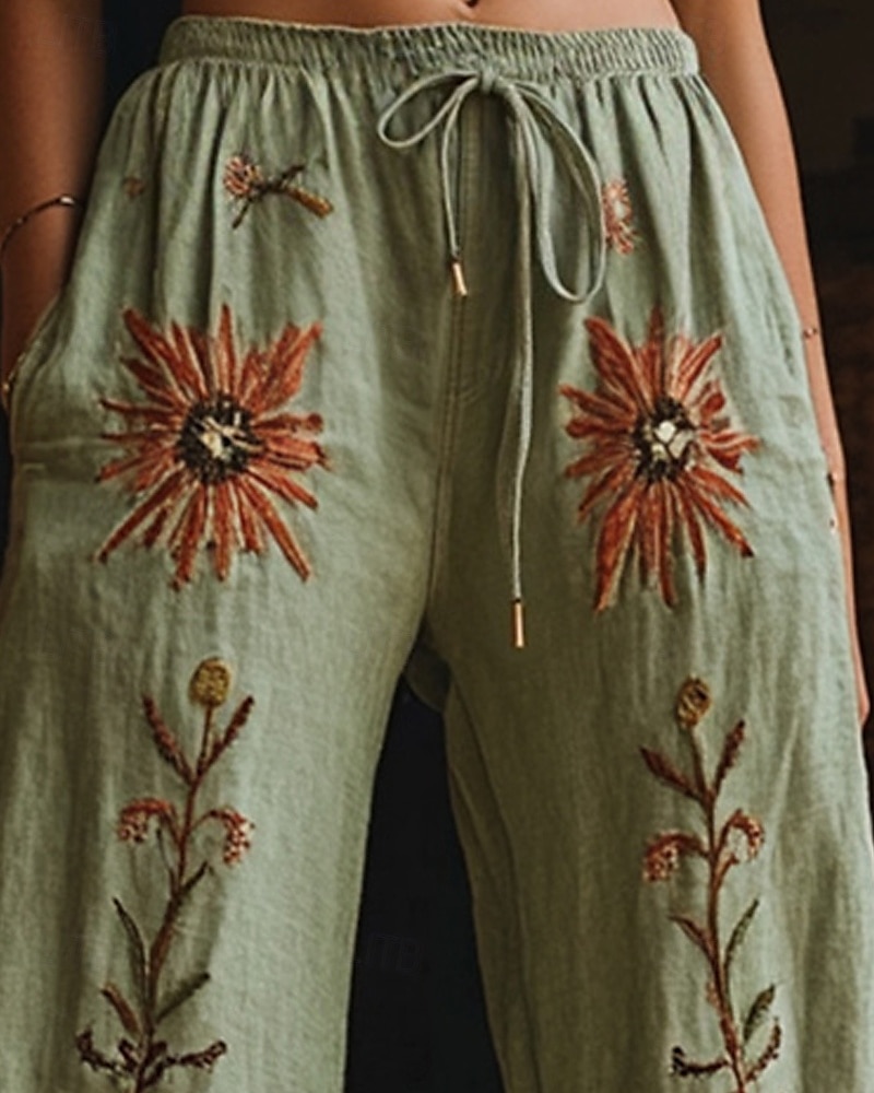 Dam Brett skaft Byxor Palazzo byxor Mode Boho Fullängd Hög midja Blomma Elastisk midja Snörning Mönster Mateial som andas Bekväm Gata Dagliga kläder Utekväll Grön Vår Höst Normal 2025 - $20.99 –P2