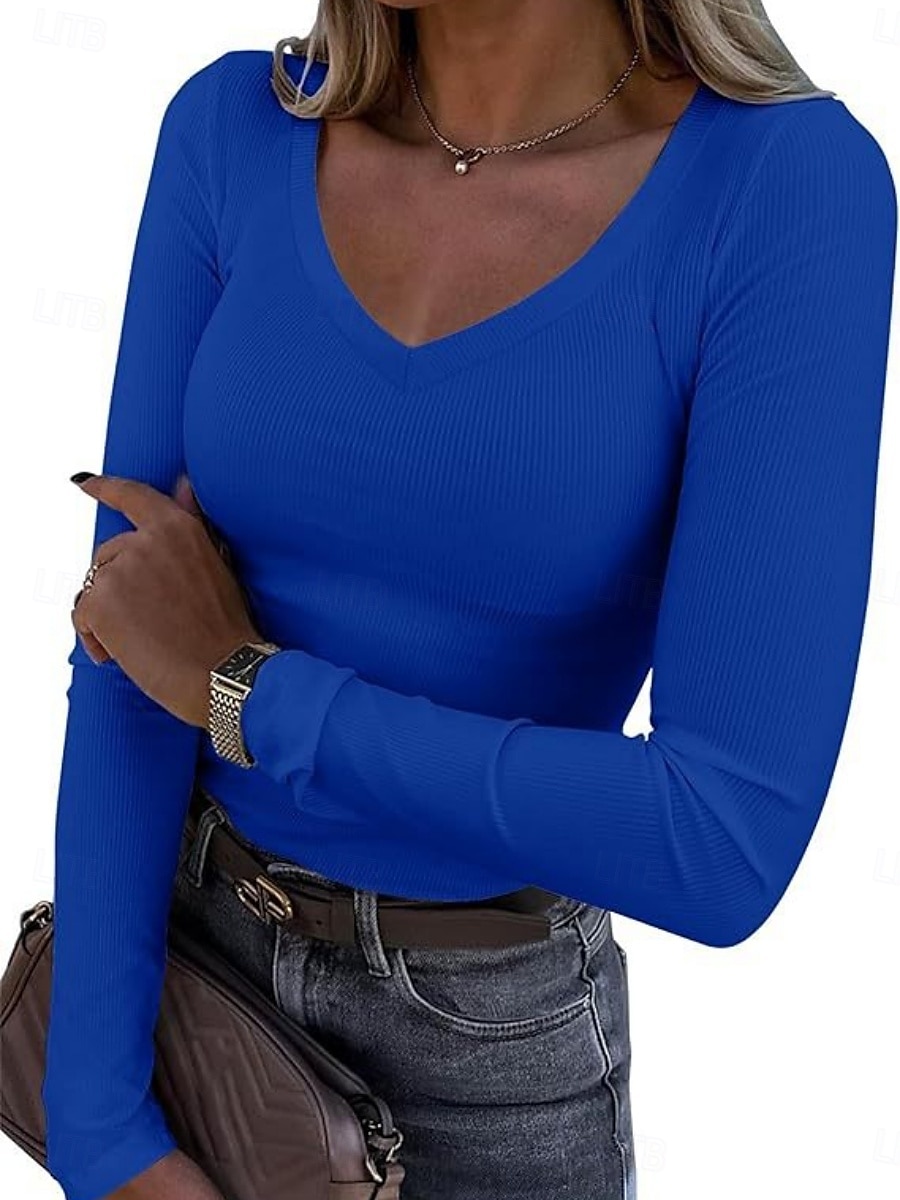 Femmes Chemisier Couleur Unie Élégant Basique Occasionnel manche longue Col en V Hauts Réguliers Quotidien Noir Blanche Rouge Bleu Fuchsia Été Printemps de 2025 ? $11.49 –P2