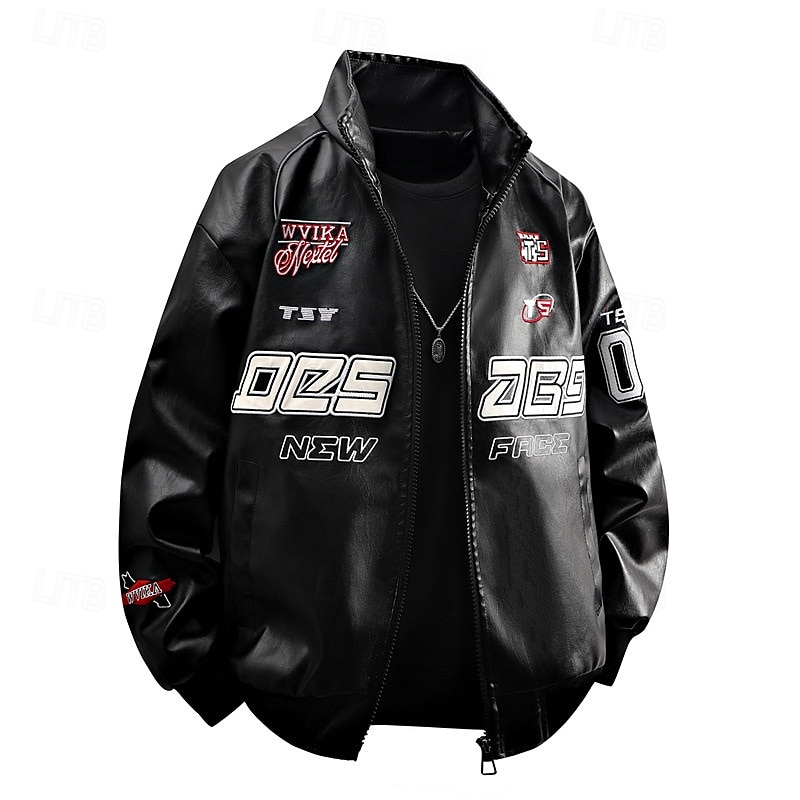 Homme Veste en Similicuir Veste moto Blouson de Moto Vacances Quotidien Coupe-vent Chaud Avec Poches Automne Hiver Lettre Mode Classique Revers Régulier Noir Blanche Rouge Veste de 2025 ? $58.99 –P1