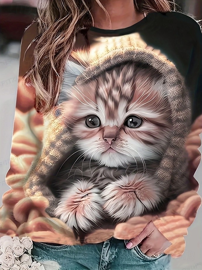 Dame Genser med genser Grafisk Dyr Katt Fritid Langermet Crew-hals Vanlige topper Gate Avslappet Ferie Trykt mønster Rosa Mørk Rosa Brun Mørkeblå kaffe Vår Høst Vinter 2025 - $28.99 –P4