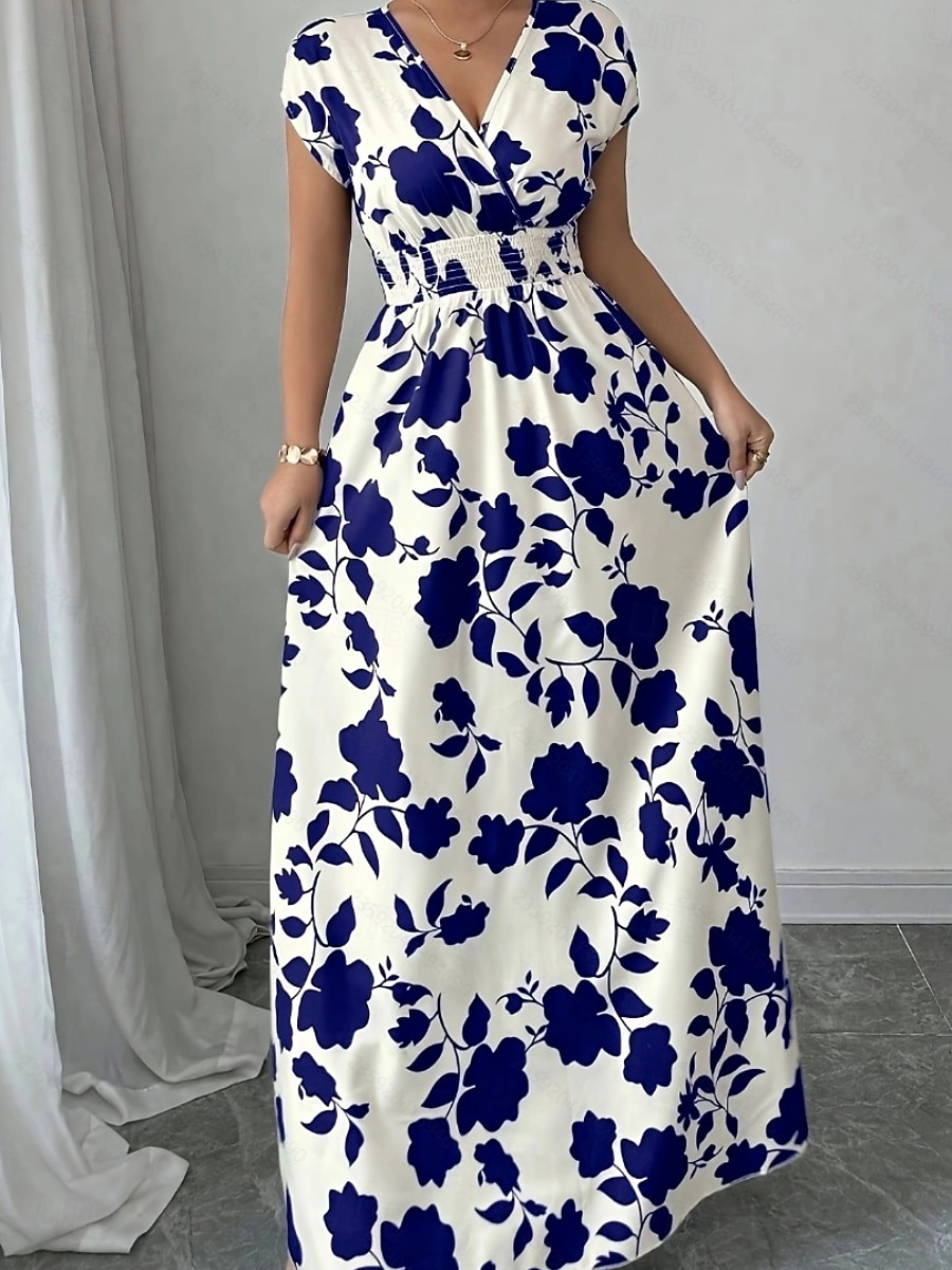 Damskie Sukienka maxi Sukienka A line Urlop Codzienny Boho Na zewnątrz Wyjściowe Luźny / a Kwiaty Krótki rękaw W serek Czarny Czerwony Niebieski Pomarańczowy Lato 2025 - $24.99 –P14