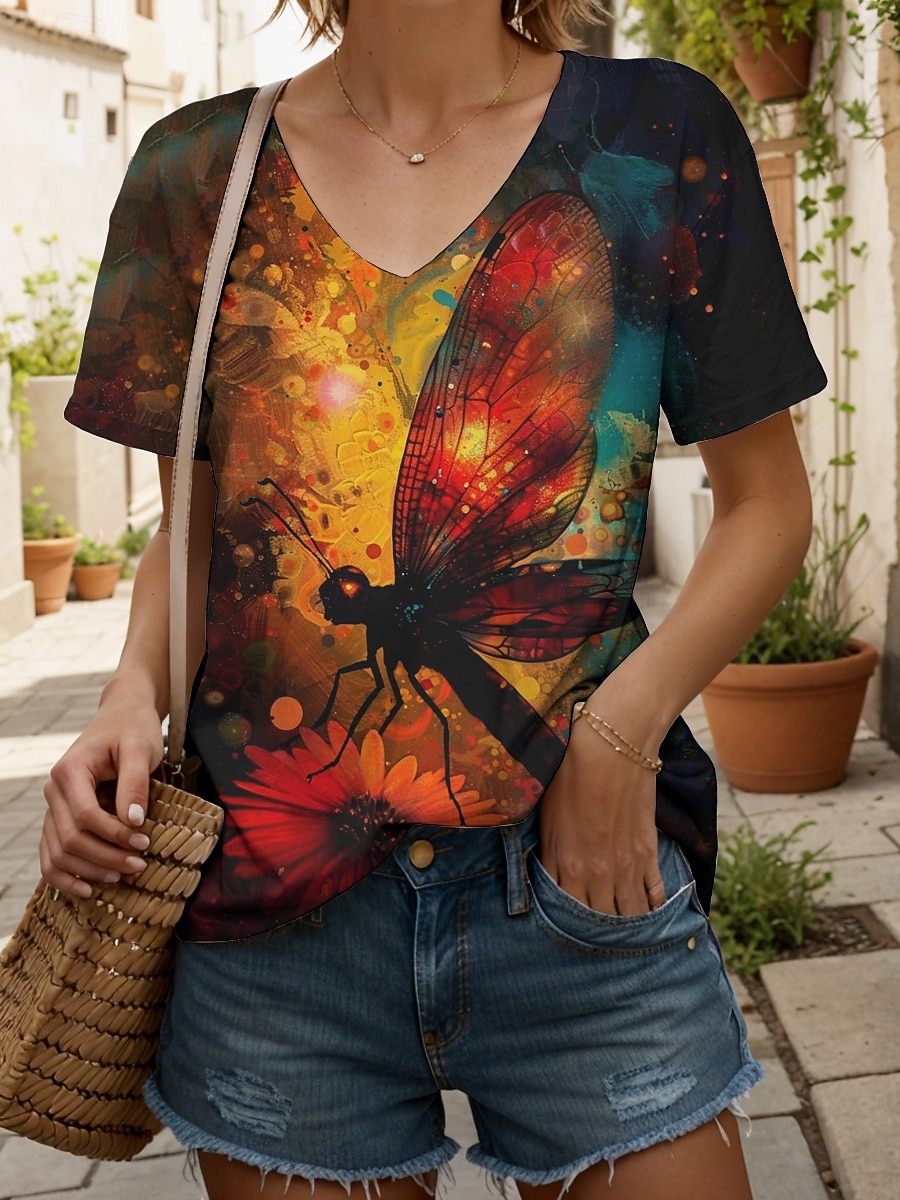 Dames T-shirt Afdrukken Grafisch dier Libel Vintage Stijlvol Klassiek Korte mouw V-hals Normale tops Dagelijks Uitgaan Weekend blauw Zwart Rood Paars Groen Zomer Lente 2026 - $21.99 –P5