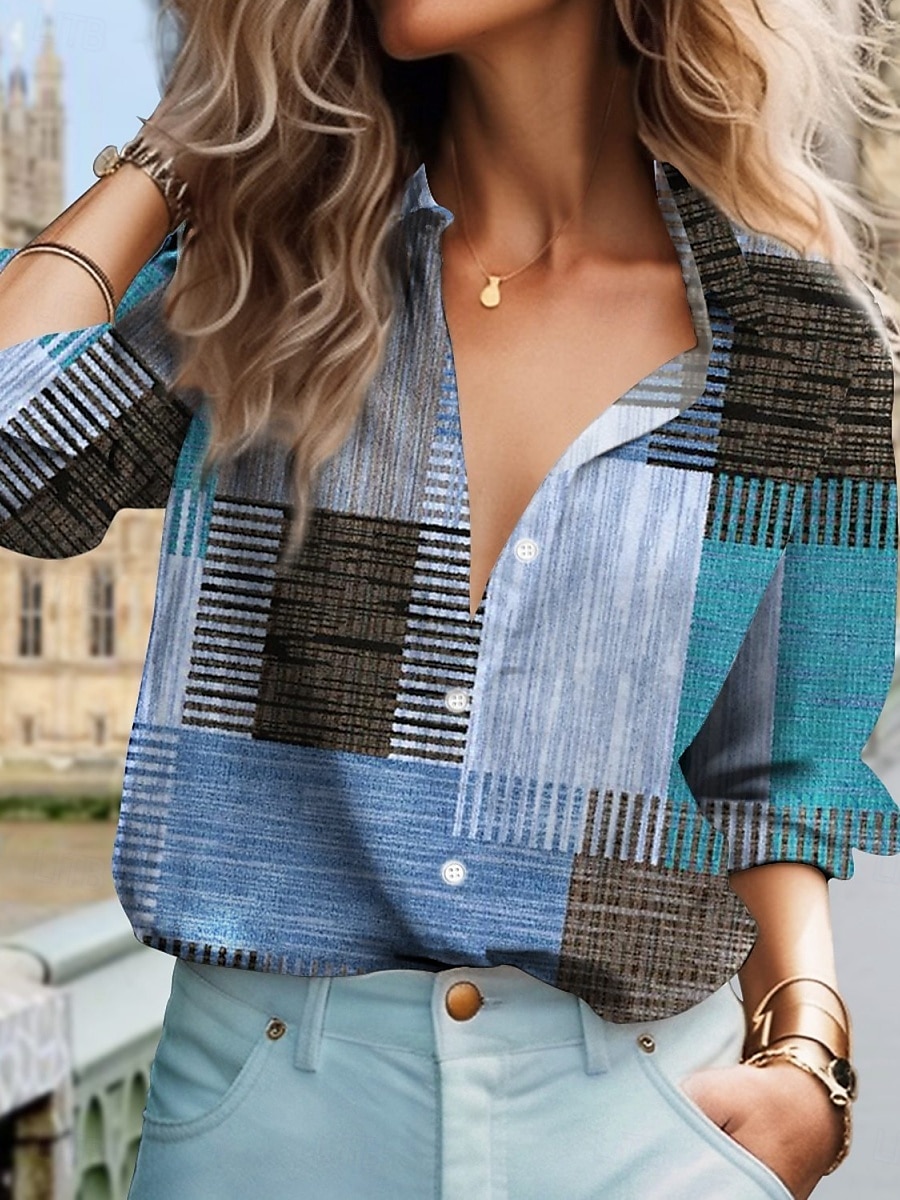 Dames Shirt Button Down Blouse Ruit Stijlvolle Casual Lange Mouwen Shirt Button Down Blouse Kraag Reguliere Tops Dagelijks Knopen Print Rood Blauw Groen Khaki Zomer Lente 2025 - $27.99 –P3