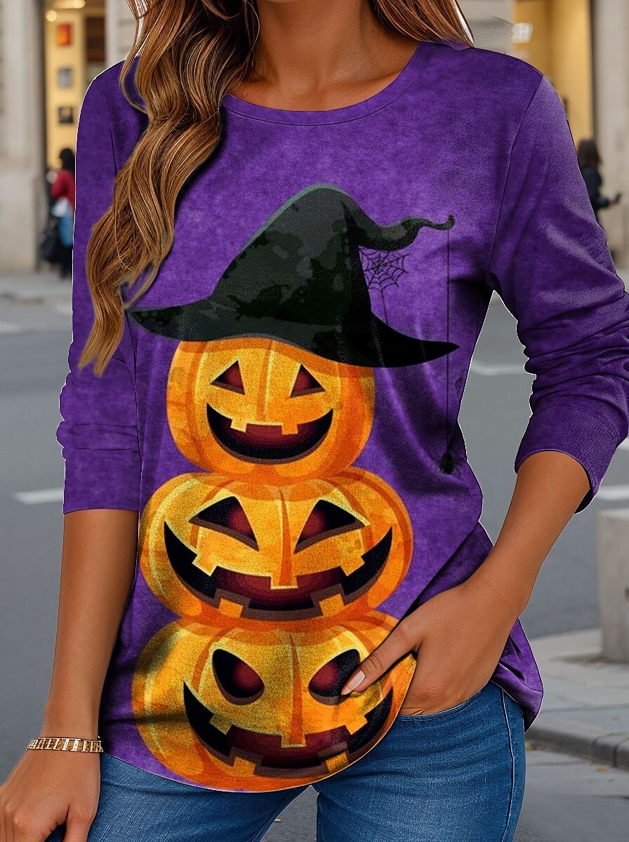 Halloween Femmes T-shirt Graphique Potiron ancien Élégant Classique manche longue Col ras du cou Hauts Réguliers Quotidien Imprimé Bleu Violet Vert Kaki Printemps Automne de 2025 ? $22.99 –P1