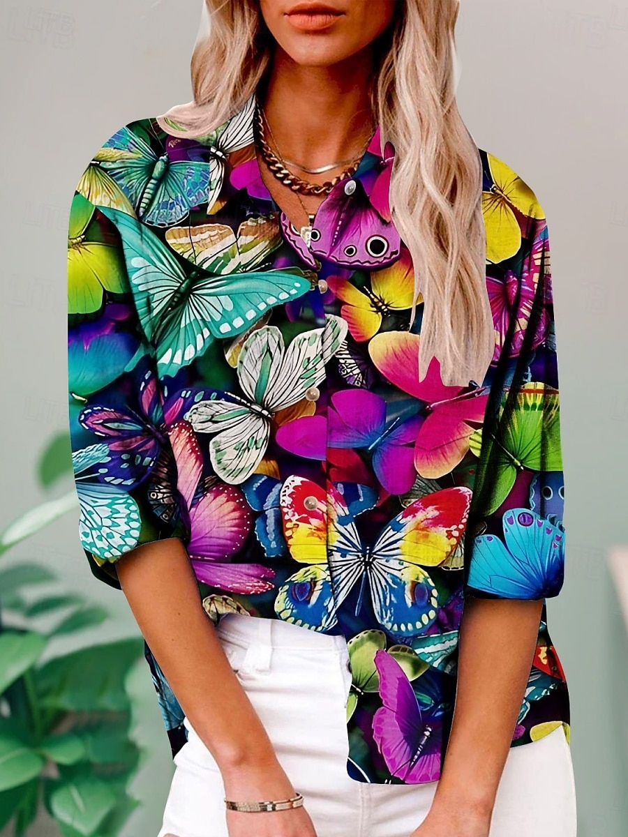 Per donna Camicia Floreale Farfalla Attivo Quotidiano Elegante Manica Lunga Colletto a Camicia Top Regolari Quotidiano Ferie Bottoni Stampato Bianco Giallo Blu Viola Verde Estate Primavera Autunno del 2025 a $29.99 –P4