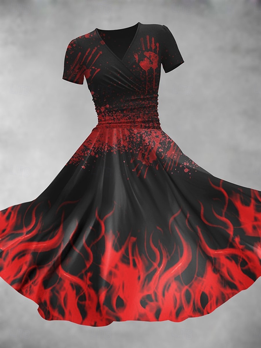 Robe midi d'Halloween pour femme, robe trapèze, robe d'été, robe ajustée et évasée, soirée, décontractée, tous les jours, vacances, coupe classique, graphique, abstrait, manches courtes, col en V, de 2025 ? $26.99 –P3