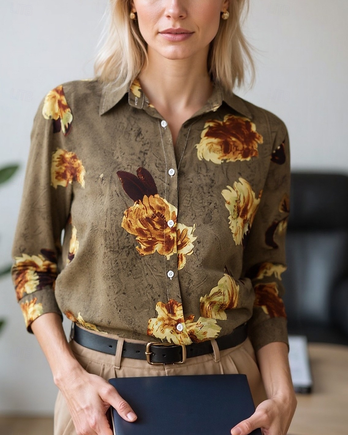 Dames Blouse Geklede topjes Chiffon-topjes Grafisch Kleurenblok Elegant Dagelijks Stijlvol Lange mouw Overhemdkraag Normale tops Werk Dagelijks Knop Afdrukken blauw Olijf Smaragdgroen Bruin Regenboog 2025 - $24.99 –P4