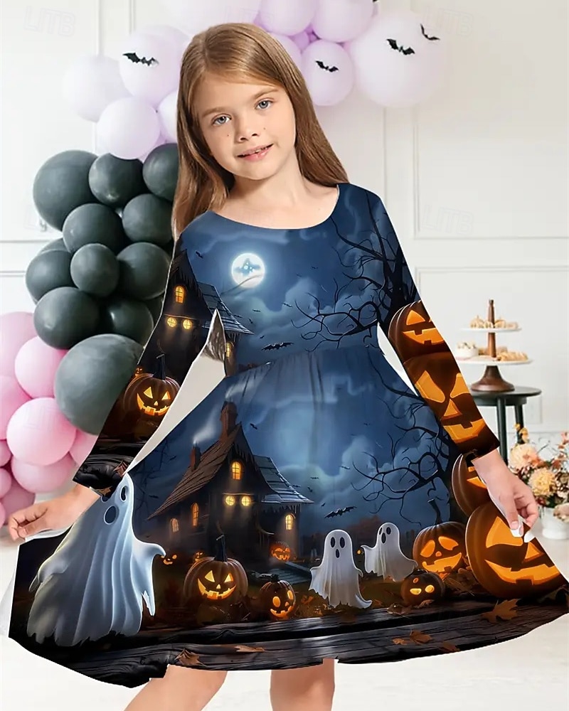 Halloween Dziewczyny ' 3D Graficzny Dynia Duch Sukienka Długi rękaw Lato Wiosna Urlop Codzienny Święto Księżniczka Piękny Słodkie Dzieci 4-12 lat Codzienne sukienki Sukienka A line Do kolan Regularny 2025 - $16.99 –P1