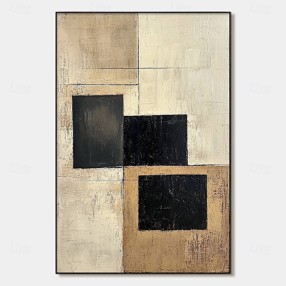 Handmade hand Painted Geometric Oil Painting Abstract Rectangles Modern Minimalist Art Textured Canvas Beige Taupe Charcoal Black Blocks Neutral Tones Contemporary Home Decor Wall Art Living Room 2025 - $100.99 –P1