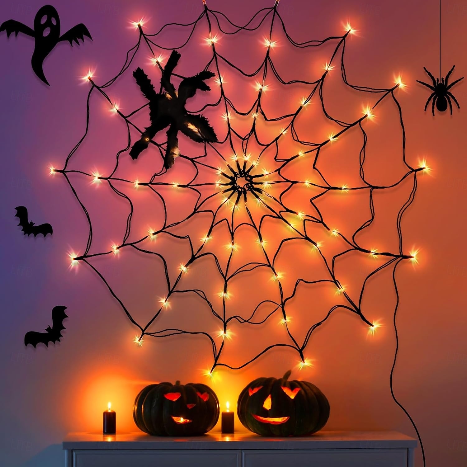 1 τεμάχιο διάμετρος 1m 70 χάντρες led για το Halloween με ιστό αράχνης, ανοιχτό μωβ πορτοκαλί, ζεστό φως, κουτί μπαταρίας usb, τροφοδοτικό, τηλεχειριστήριο, εσωτερικός και εξωτερικός χώρος, πάρτι, 2025 - $20.99 –P3