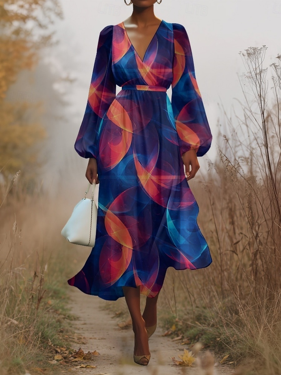 Women's Midi Dress Casual Dress Chiffon Swing Dress Modern Vacation Daily Weekend Regular Fit Geometric Long Sleeve V Neck Yellow Purple Green Summer Spring Fall Autumn 2025 - $31.99 –P7