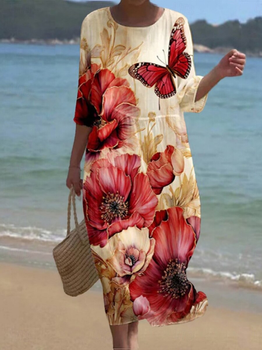 Femmes Robe Midi Robe Décontractée Robe Imprimée Mode Moderne Quotidien Plage Week-end Coupe régulière Fleuri Manche 3/4 Col ras du cou Blanche Jaune Bleu Roi Kaki Été Printemps Automne de 2025 ? $31.99 –P1
