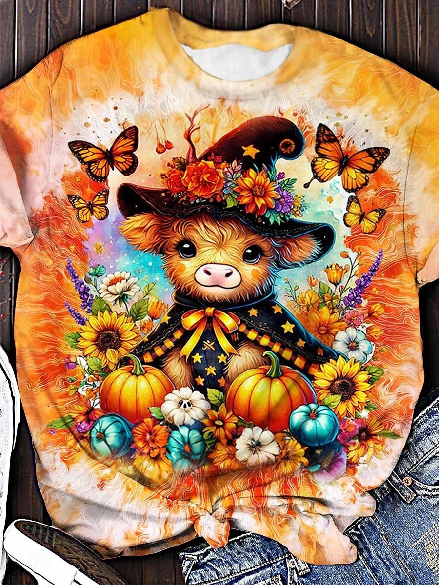 Halloween Naisten T-paita Kuvitettu Eläin Lehmä söpö tyyli Tyylikäs Vapaa-aika Lyhythihainen Tiukka pyöreä kaula-aukko Pyöreä kaula-aukko Tavalliset topit Päivittäin Painettu Musta Keltainen Oranssi 2025 - $19.99 –P1