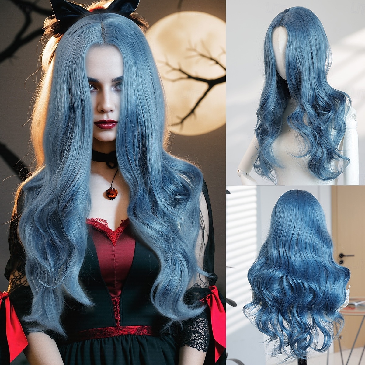 Dámská vlnitá halloweenská paruka bez ofiny o délce 22 palců (60 cm) – dlouhé tepelně odolné syntetické vlasy na kostýmní párty &focení 2025 - $31.99 –P1