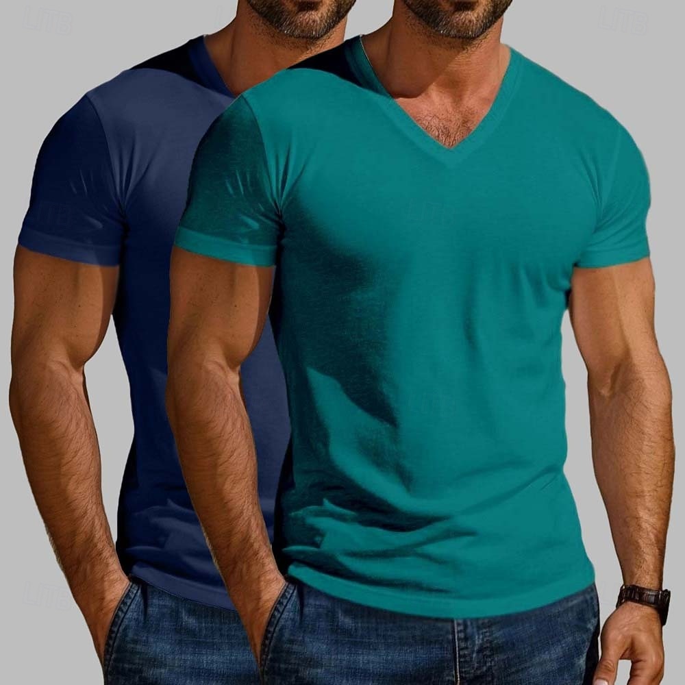 Maglietta da uomo in misto cotone, 2 pezzi, manica corta, scollo a V, estiva, per tutte le stagioni, tinta unita, semplice, stile designer, moderno, contemporaneo, scollo a V, confezione multipla, per vacanze, strada, casual, blu scuro, bianco e blu. del 2026 a $20.99 –P11