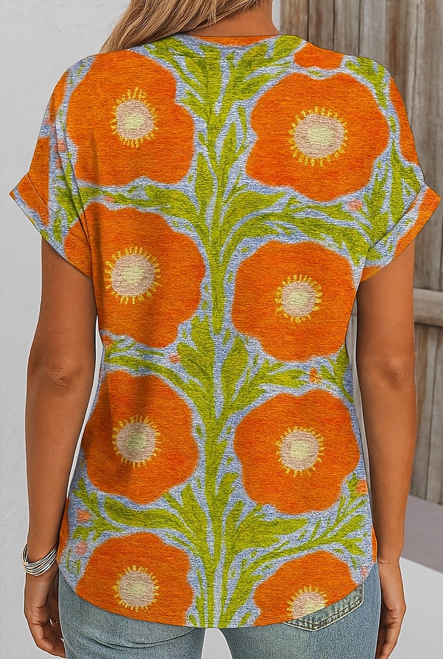 Femmes T-shirt Fleuri Graphique Plantes ancien Élégant Classique Manche Courte Col en V Encolure en V Hauts Réguliers Quotidien Sortir Week-end Imprimé Orange Été Printemps de 2025 ? $24.99 –P2