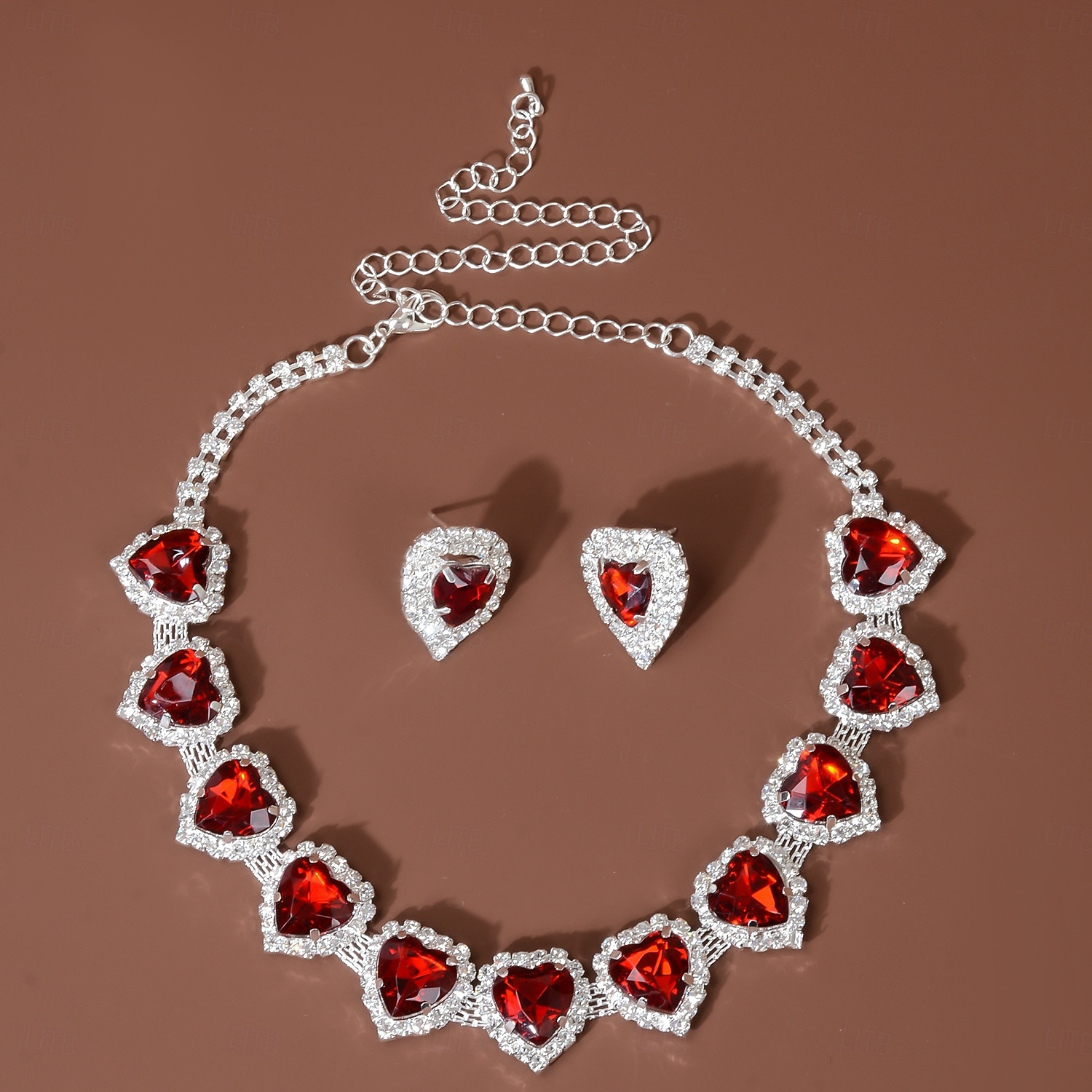 Conjunto de colar e brincos de cristal com coração vermelho para mulheres - joias elegantes banhadas a prata para casamentos, festas e eventos formais de 2025 por $14.99 –P7