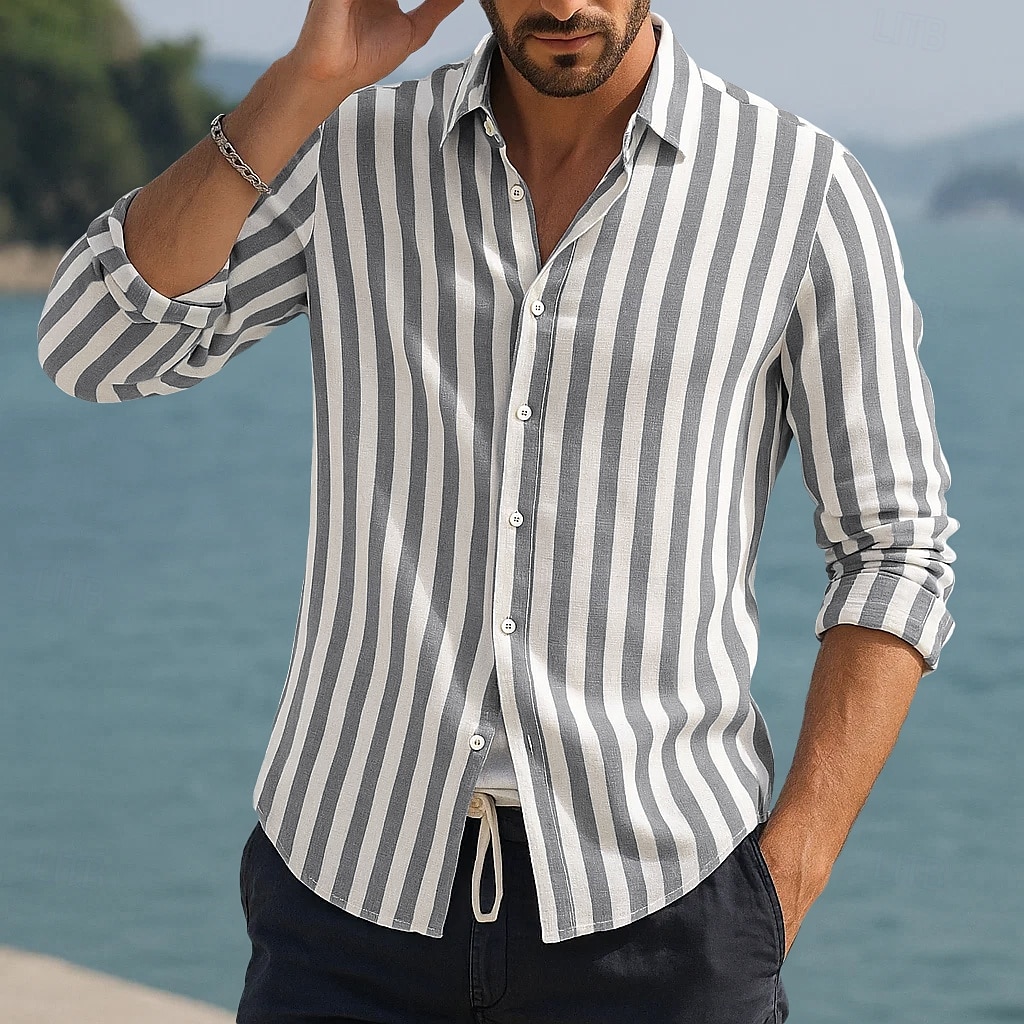 Voor heren Overhemd Linnen overhemd Zomer overhemd Strand Kleding Overhemd met knopen Verticale stroken Vakantie Curise Zwart Blozend Roze Rood blauw Lange mouw Strijkijzer Zomer Lente Kleding 2025 - $20.99 –P7