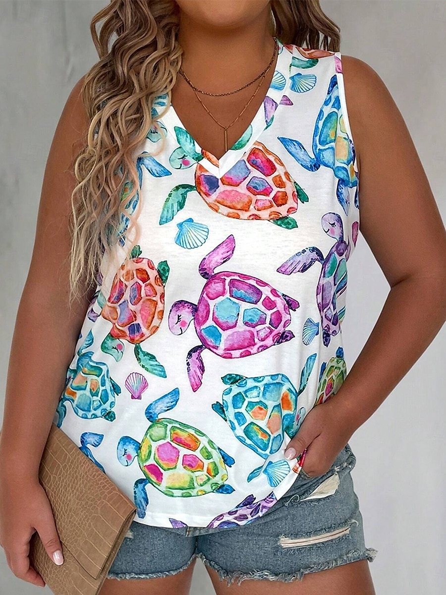 Femmes Grande taille Hauts T-shirt Graphique Animal Sans manches Col en V Occasionnel Quotidien Polyester Été Bleu de 2025 ? $22.99 –P3