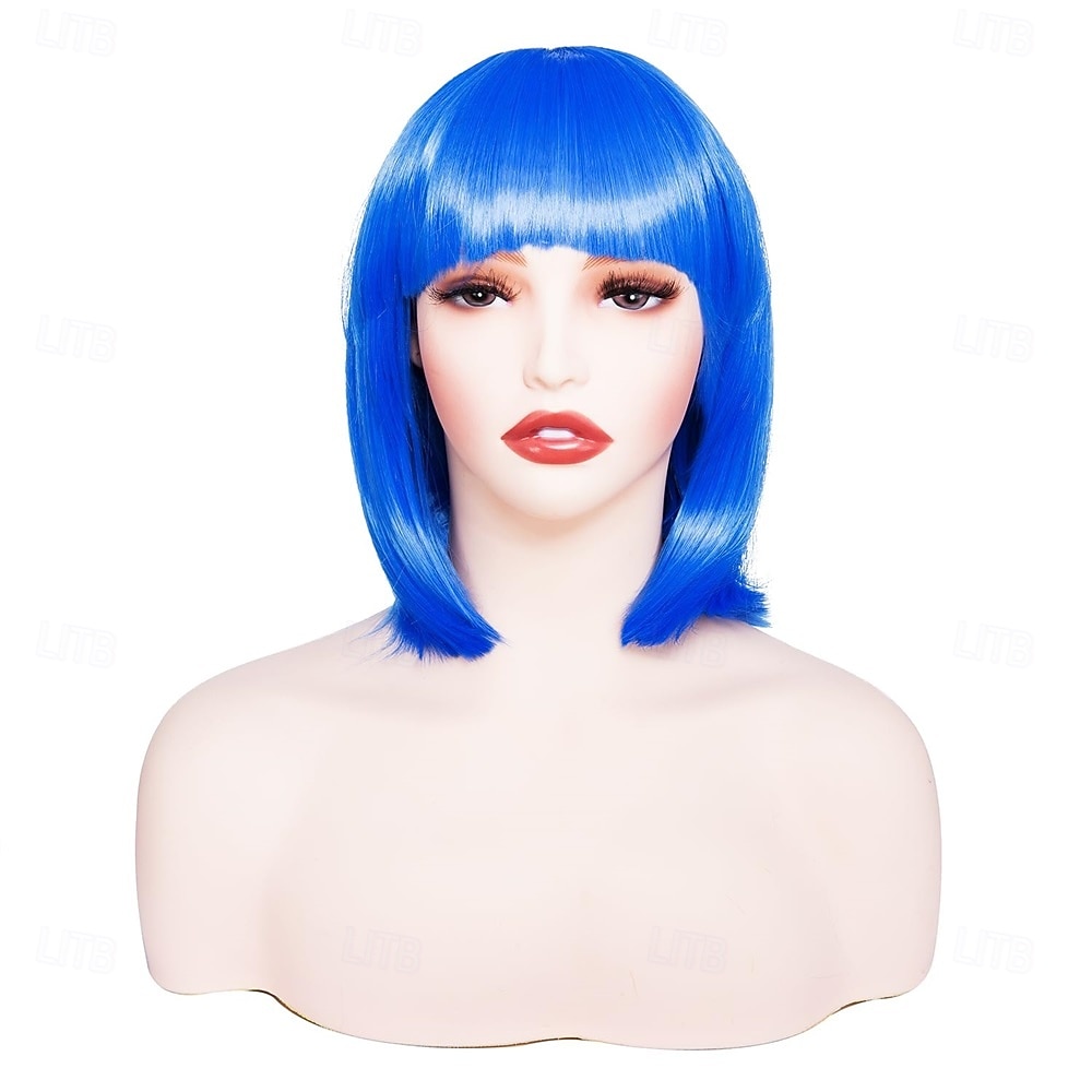 Peruca bob azul com franja curta de 12 polegadas, peruca reta para cosplay feminina, festa de halloween de 2026 por MXN $425.36 –P3