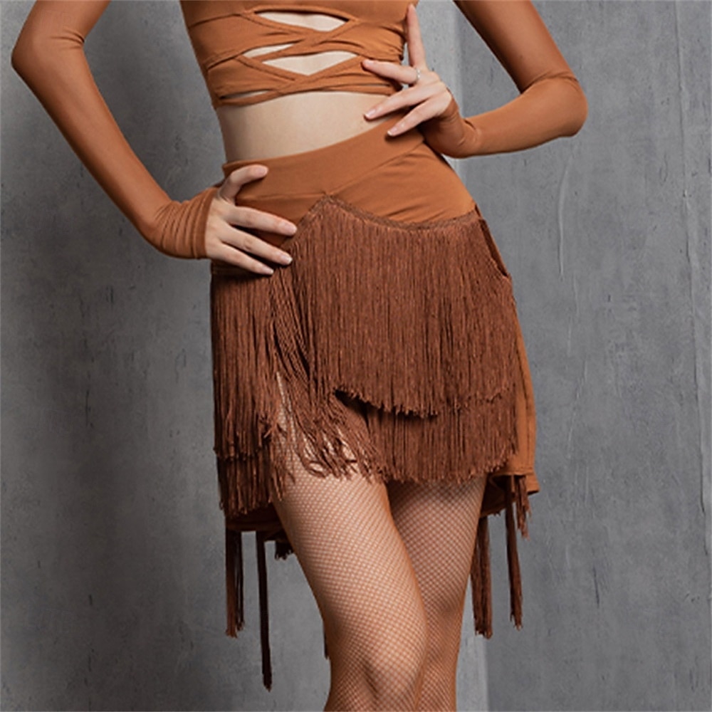gonna con frange per danza latina da donna – mezza gonna asimmetrica a vita alta che abbraccia i fianchi per cha-cha, rumba &abbigliamento da allenamento/performance del 2025 a $27.99 –P5
