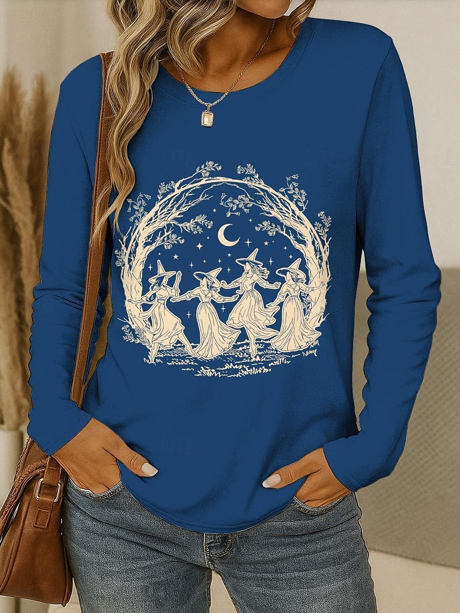 Halloween Femmes T-shirt Graphique Sorcière ancien Élégant Classique manche longue Col ras du cou Col rond Hauts Réguliers Quotidien Week-end Imprimé Noir Vin Bleu Violet Vert Printemps Automne de 2025 ? $22.99 –P8
