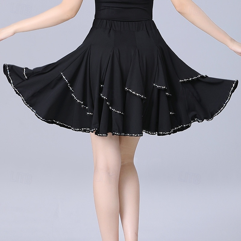 Lateinischer Ballsaal-Übungsrock für Damen – Cha-Cha/Rumba/Jitterbug-Dreischritt-Tanz-Halbrock, ausgestellte Rüschen für Square Dance & Bühne 2025 - $36.99 –P5