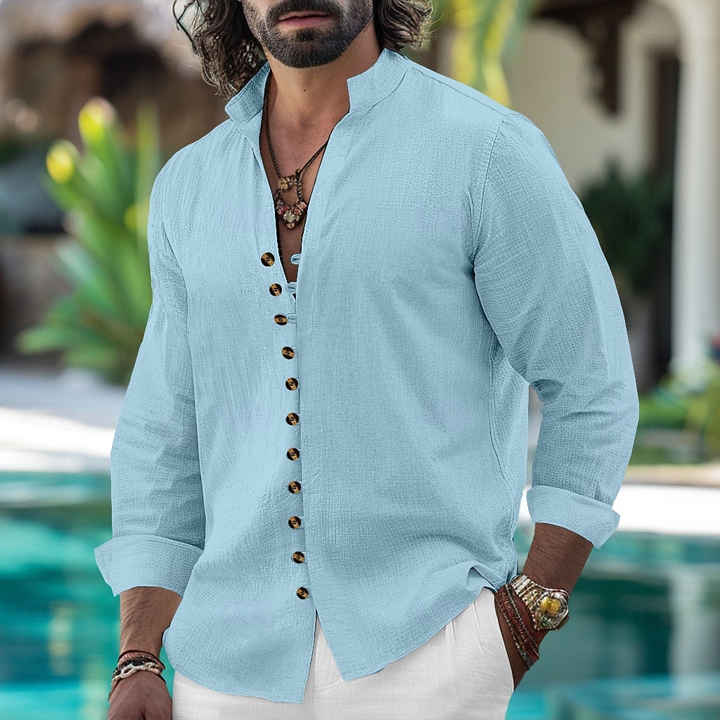 Per uomo Camicia Camicia di lino Camicia Estiva Camicia casual Camicia con Bottoni Semplice Vacanza Crociera Nero Bianco Rosa Azzurro cielo Manica Lunga Colletto alla coreana Primavera & Autunno del 2025 a $23.99 –P9