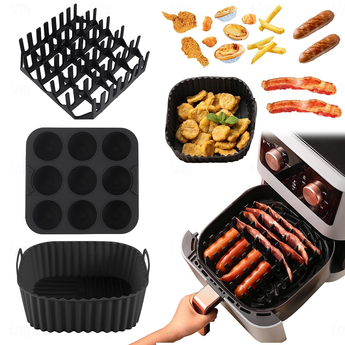 3pcs Reusable Silicone Air Fryer Liners Set Non-Stick Silicone Tray, Bacon Rack & 9-Cavity Mold for Eggs and Cupcakes Multi-Use Air Fryer Accessories 2025 - $20.99 –P6