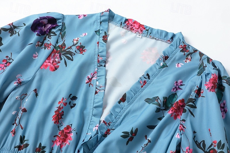 Dam Långklänning Maxiklänning Blommig klänning Boho-klänning Västerländsk klänning Elegant Mode Modern Utomhus Semester Dagligen Normal Blomma Långärmad V-hals Blå Sommar 2025 - $36.99 –P6