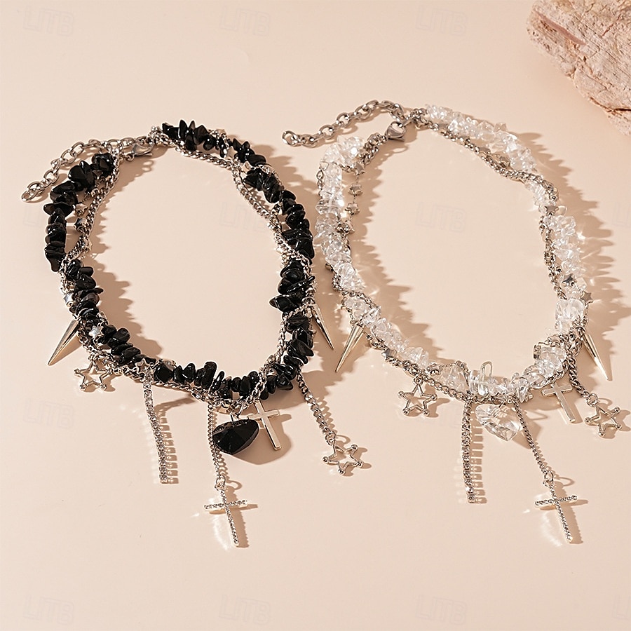 Collana girocollo in pietra nera punk gotica da donna con ciondoli a forma di croce, cuore e stella - gioiello importante per feste, discoteche e serate fuori del 2025 a $14.99 –P4